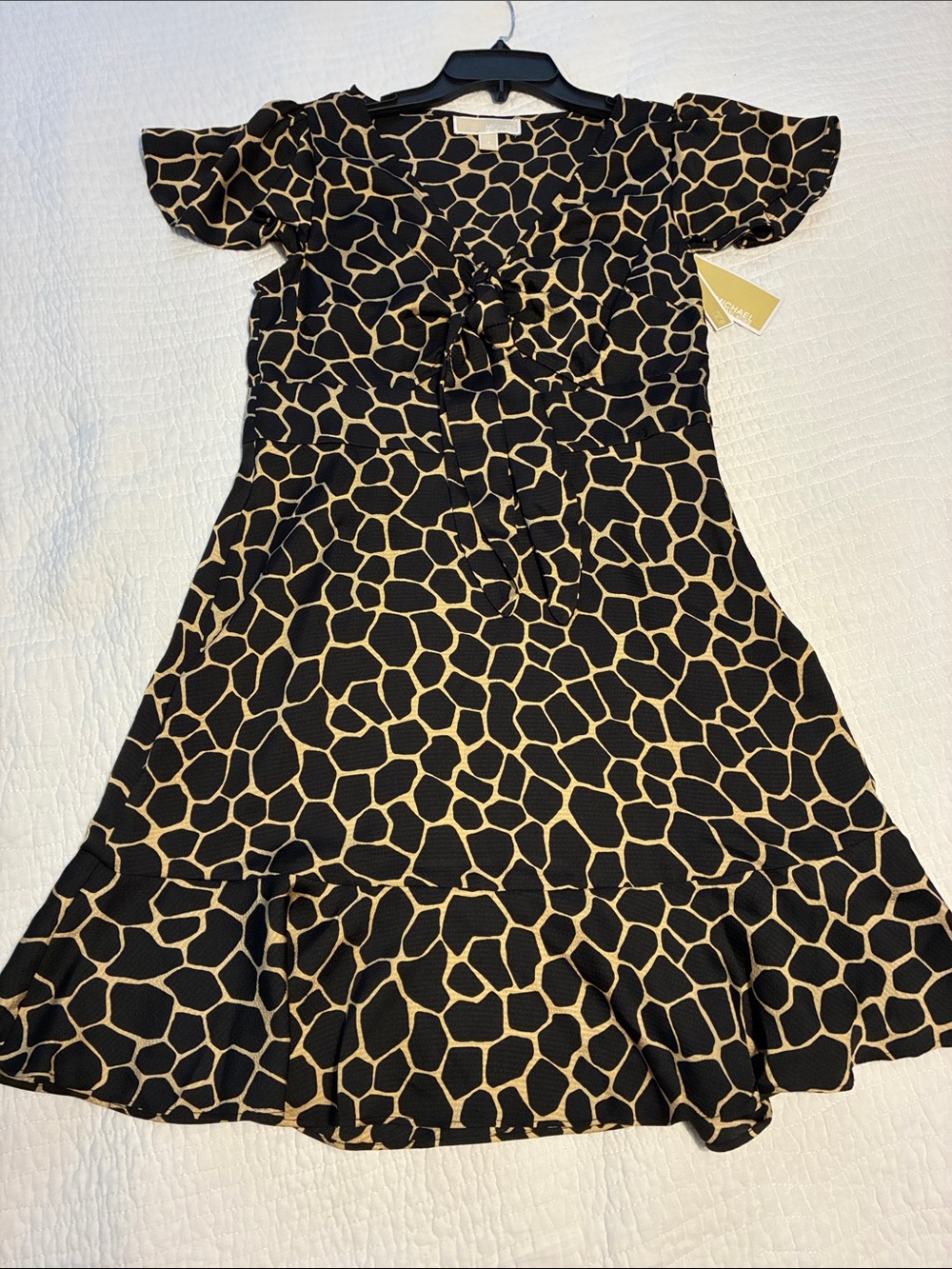 NWT Michael Kors Black & Tan Giraffe Print Dress with Tie Front Sz 8